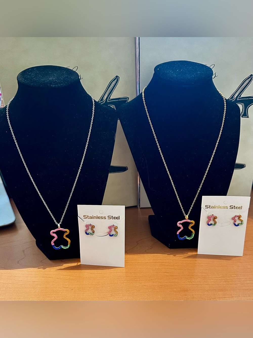 Rainbow  Bear Pendant Necklace and Stud Earrings Silver & Gold Stainless Steel